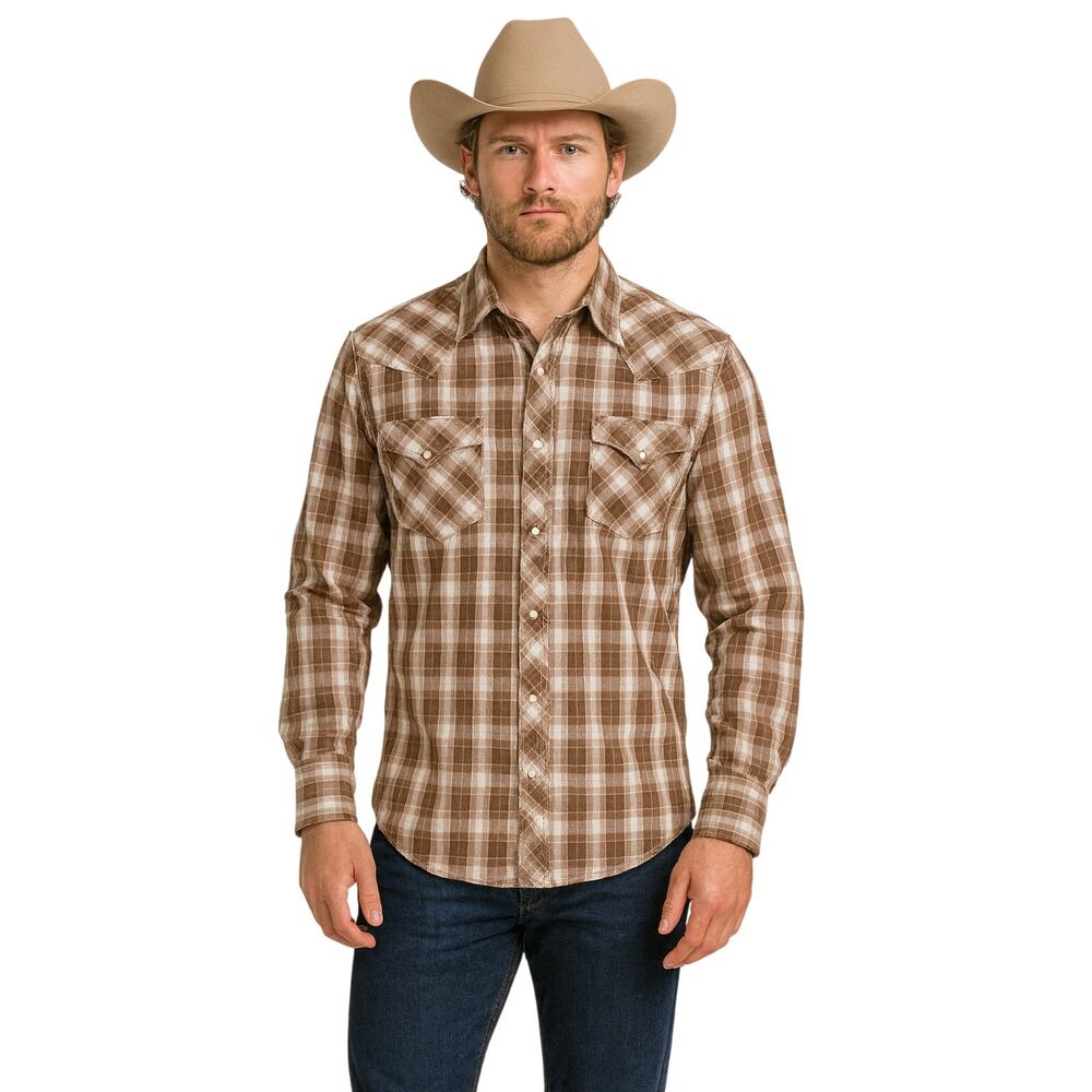 Wrangler Western Plaid Snap Shirt Men's Large Brown Pearl Snap Cowboy Ranch USA